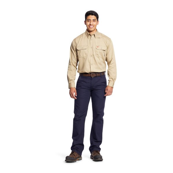 Ariat FR Solid Button Down Work Shirt in Khaki